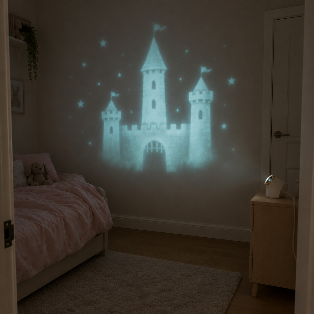 The projector on a nightstand casting a fairytale castle across a child's bedroom wall at night