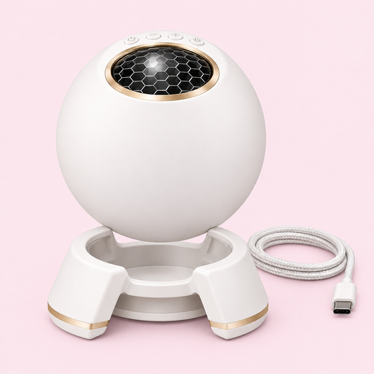 The Princess Projector, a small white room projector with a gold lens ring, on a pale pink background