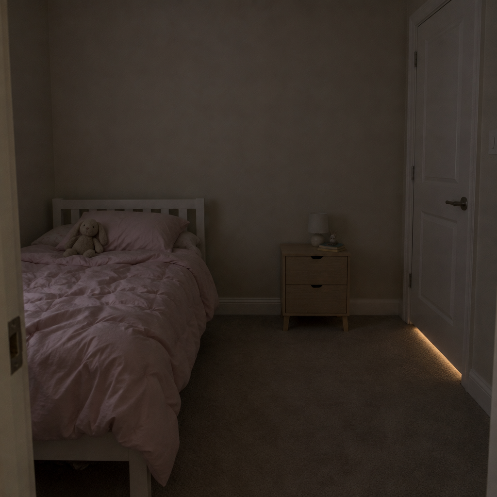 Before: a plain dark child's bedroom with bare walls